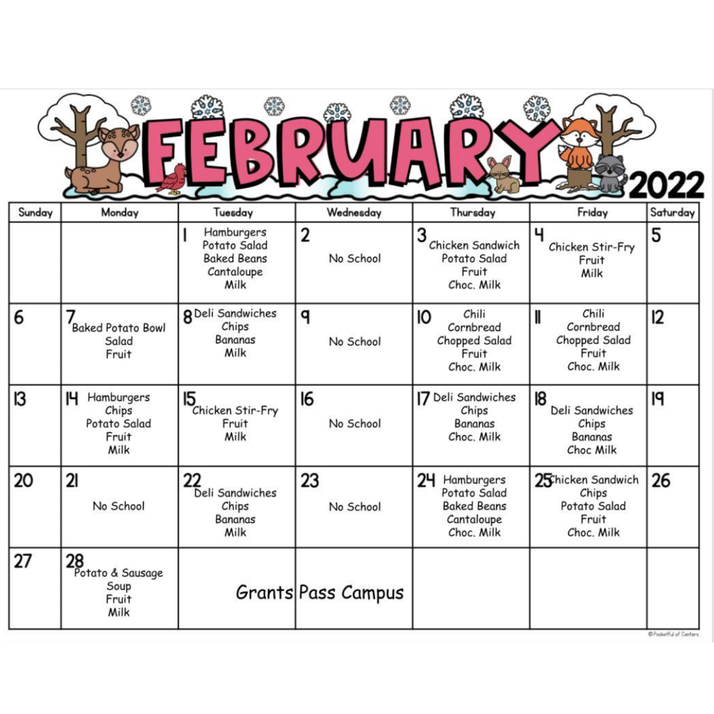 Grants Pass Lunch Menu for February. Has a deer, bird, bunny, raccoon,  and fox with snowflakes falling.